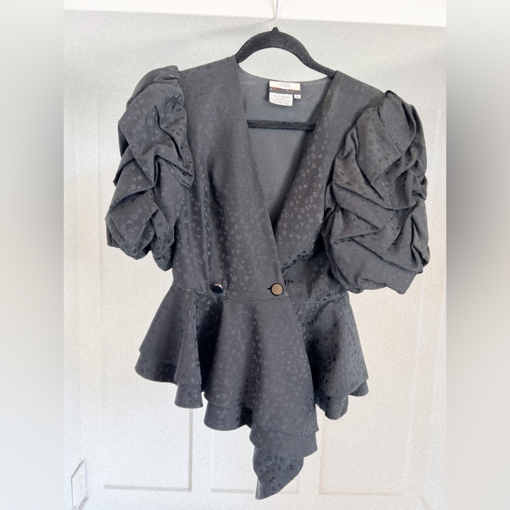 I. magnin pure silk blouse black puffy sleeves 8